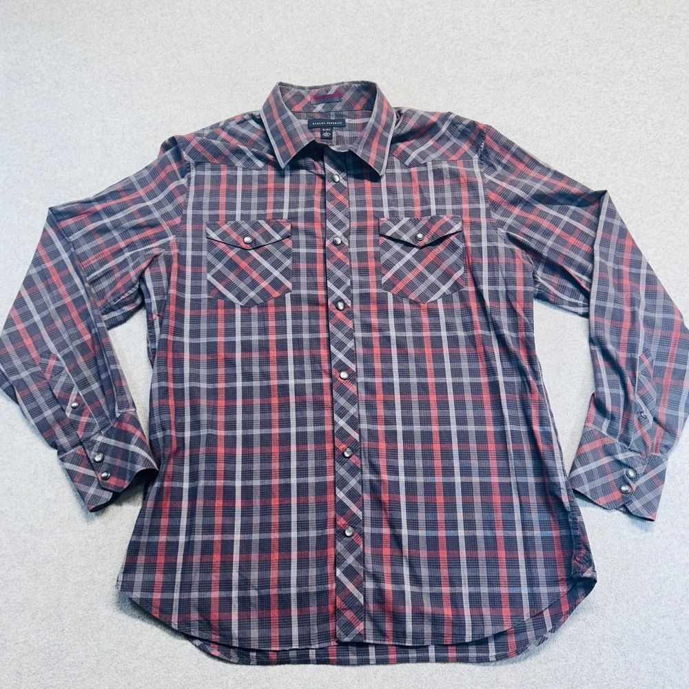 Banana Republic Mens L Western Pearl Snap Shirt Gray Coral Plaid Long Sleeve